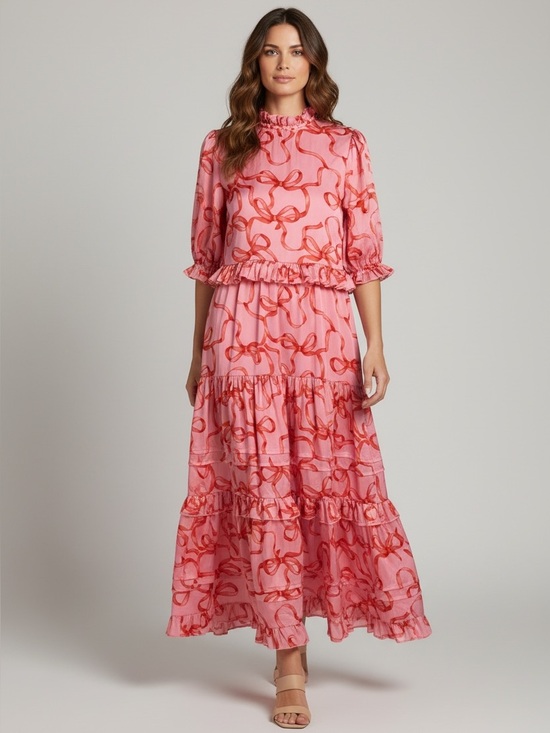 Ivy City Co Dresses & Skirts - Ivy City Co Pink and Red Ribbon and Bow Print Ruffle Tiered Maxi Dress